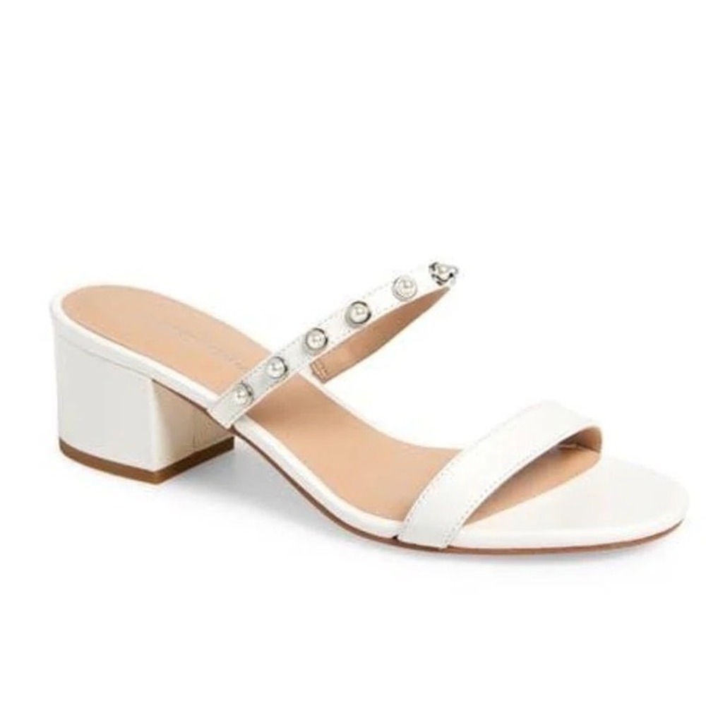 New Stuart Weitzman Pearly Strap Block Slide 50 Sandal in White Size 8‎